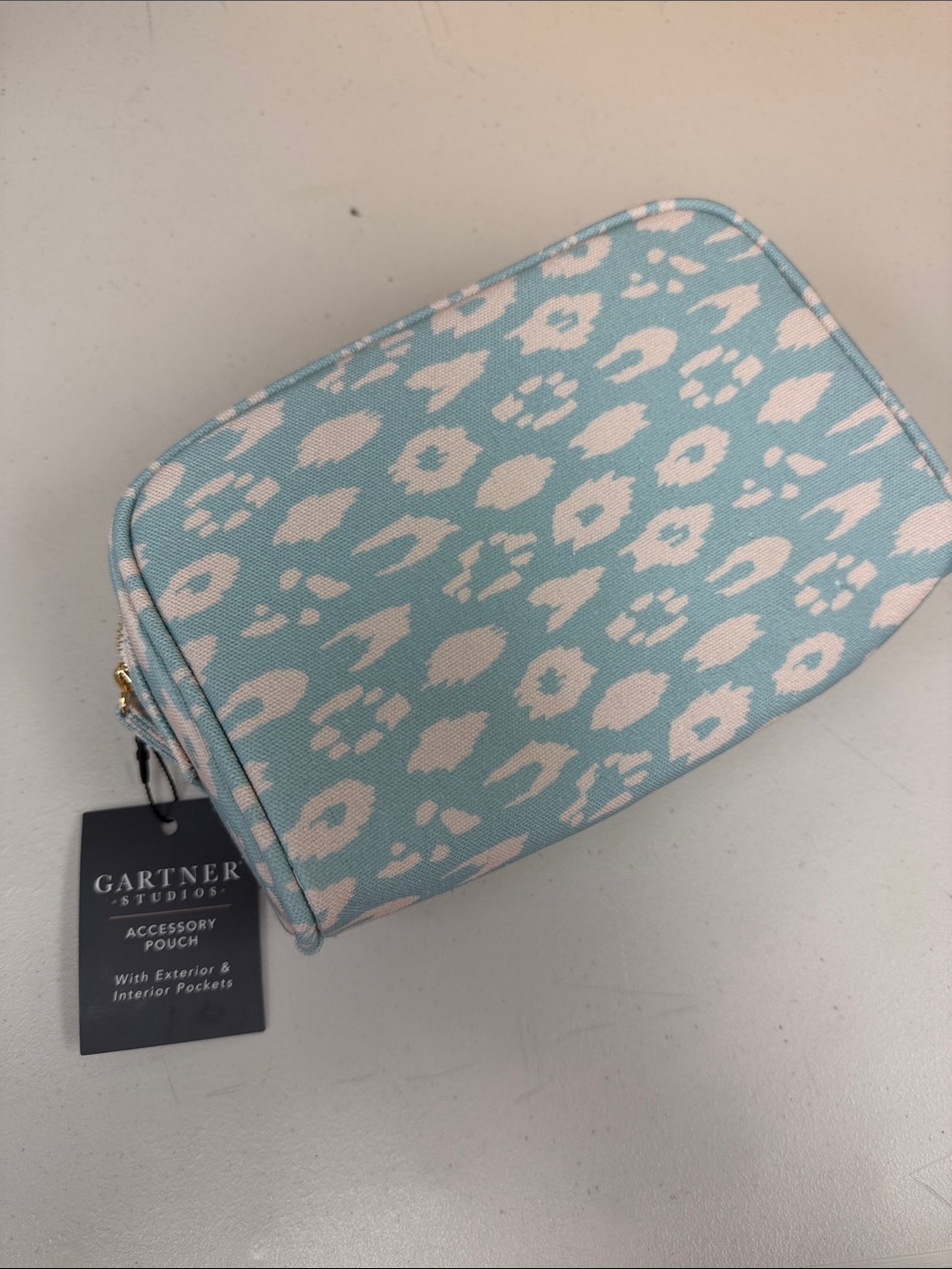 Gartner Studios Aqua and White Leopard Print Accessory Pouch exterior interior p